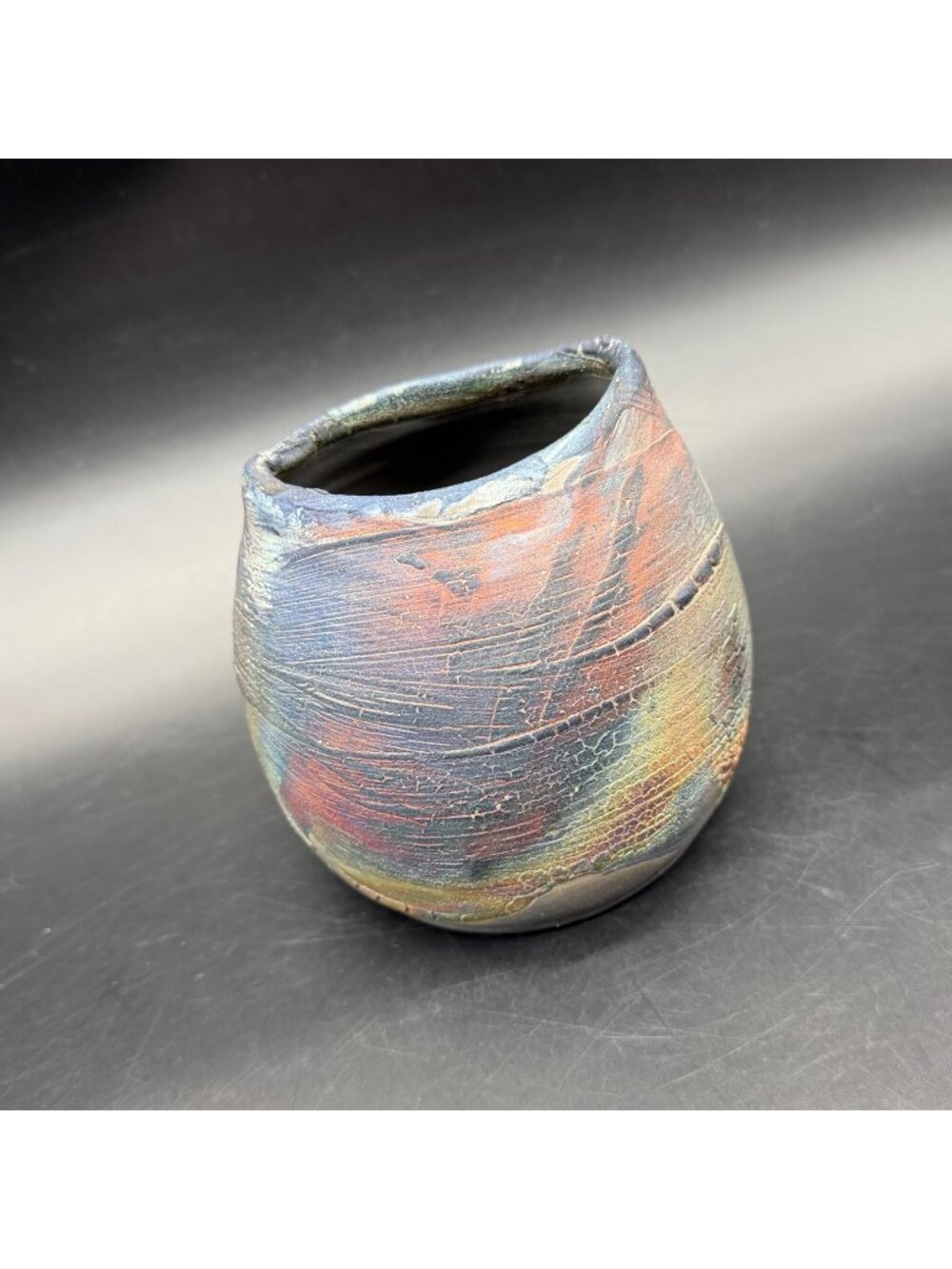 Raku Pottery Vase Abstract Design Textured Unique Handmade Decorative Art